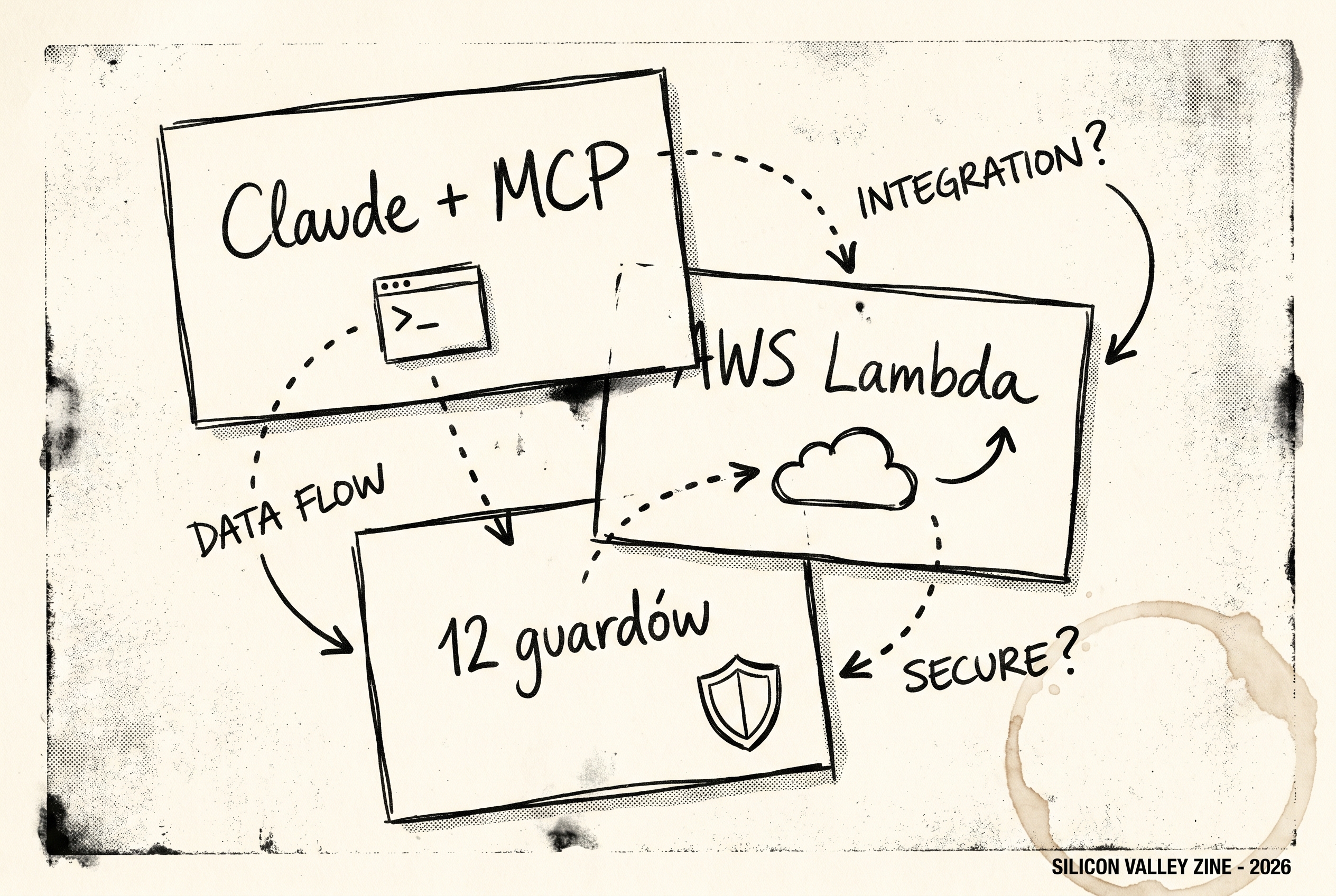 Ręcznie rysowany diagram trzech warstw stacku: Claude + MCP (silnik decyzyjny), AWS Lambda (automatyzacja 24/7), 12 guardów (kontrola jakości draftów). Editorial zine aesthetic.