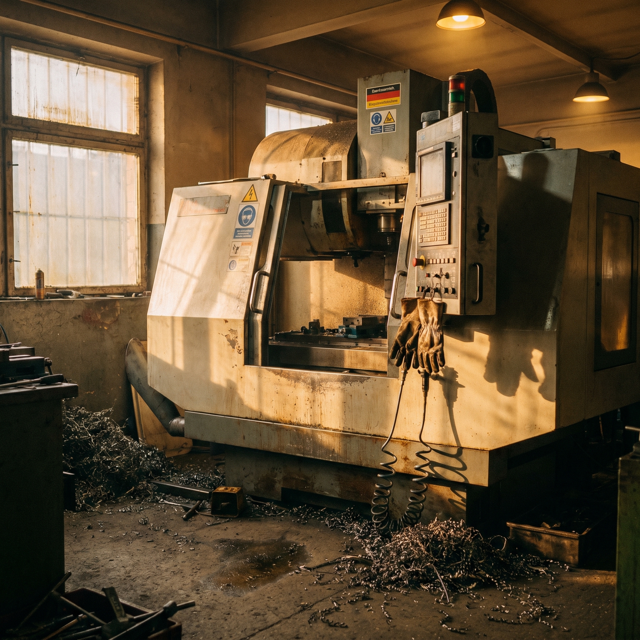 Frezarka CNC w warsztacie metalowym, para roboczych rękawic na maszynie, wióry stali na podłodze. Ciepłe światło popołudniowe przez zakurzone okno. Dokumentalna fotografia Leica 35mm.